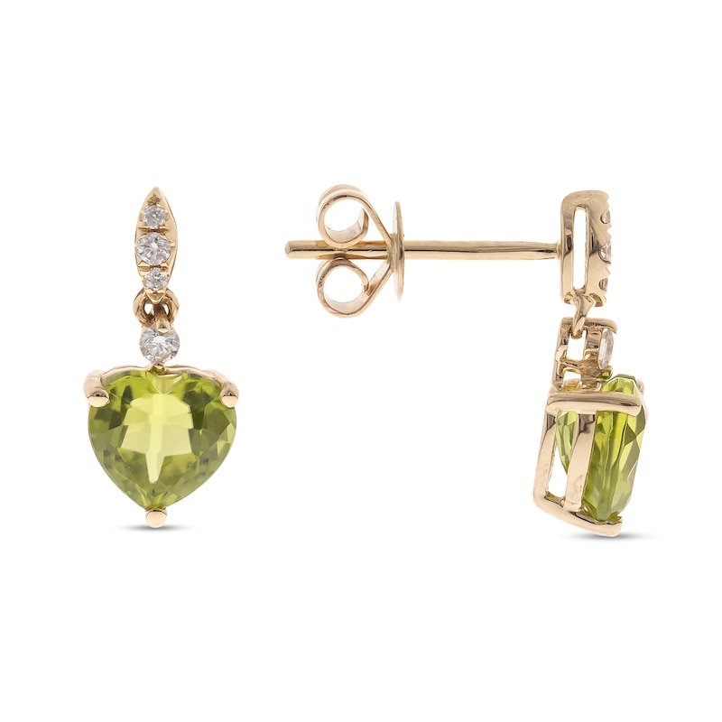 Main Image 1 of 6.0mm Heart-Shaped Peridot and 1/15 CT. T.W. Diamond Drop Earrings in 14K Gold