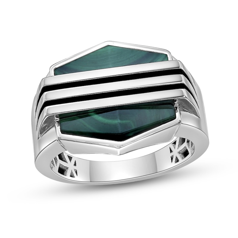 Main Image 1 of Hexagon Green Malachite Solitaire Overlay Ring in Sterling Silver