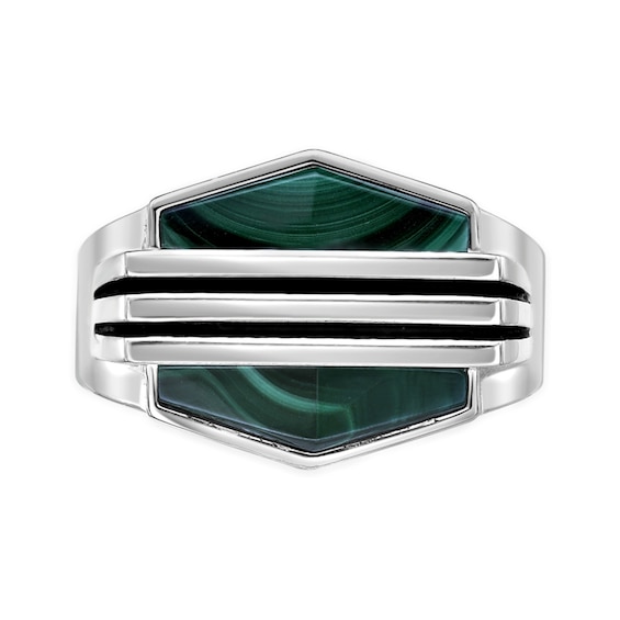 Hexagon Green Malachite Solitaire Overlay Ring in Sterling Silver
