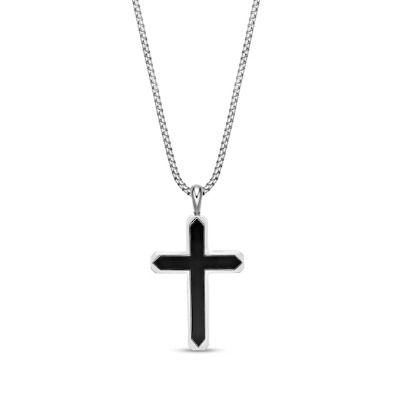 Onyx Cross Pendant in Sterling Silver - 24"