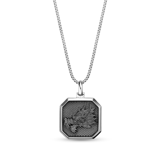Black Diamond Accent Dragon Head Octagon Pendant in Sterling Silver and Black Rhodium Plate - 24"
