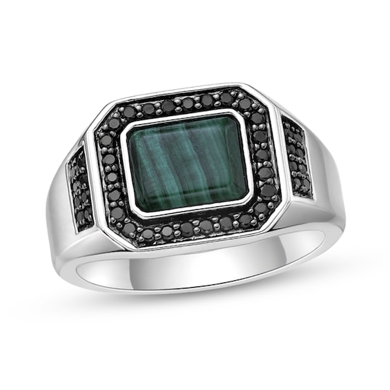 Rectangle Green Malachite and 1/2 CT. T.w. Black Diamond Frame Ring in Sterling Silver