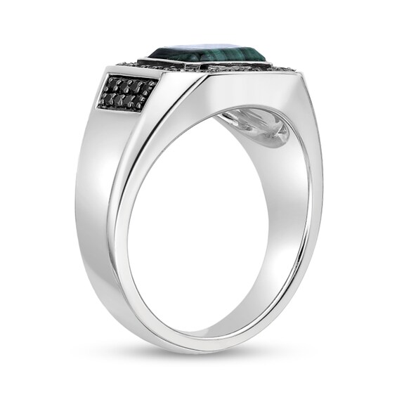 Rectangle Green Malachite and 1/2 CT. T.w. Black Diamond Frame Ring in Sterling Silver