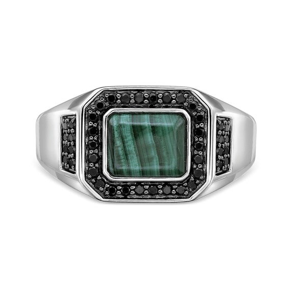 Rectangle Green Malachite and 1/2 CT. T.w. Black Diamond Frame Ring in Sterling Silver