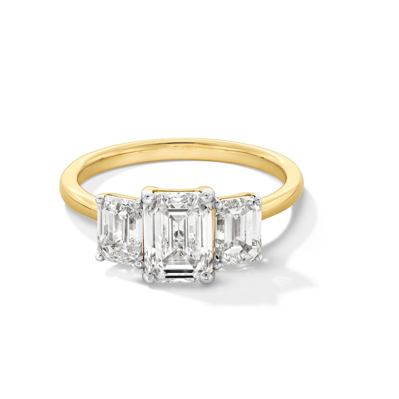 Main Image 1 of 2-3/4 CT. T.W. Emerald-Cut Certified Lab-Grown Diamond Three Stone Engagement Ring in 14K Gold (F/VS2)