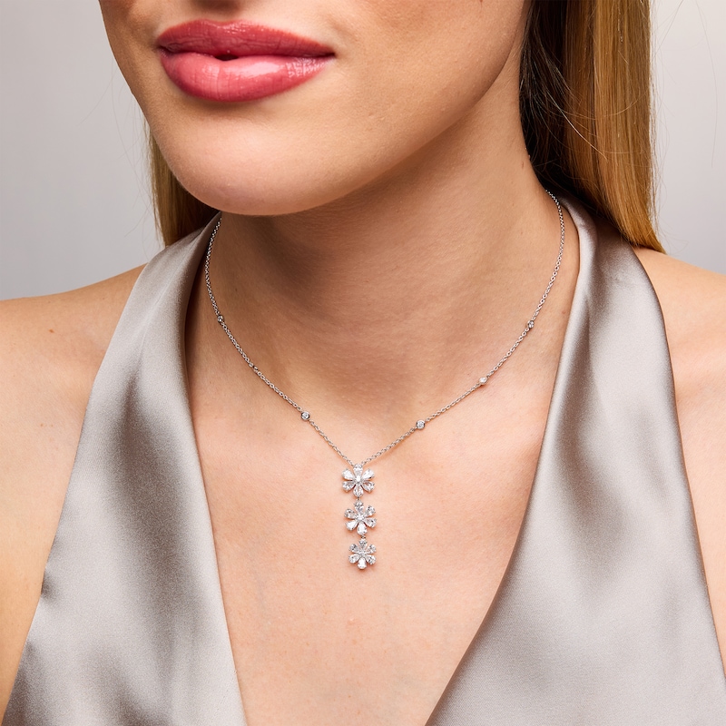 Main Image 2 of 3-1/5 CT. T.W. Pear-Shaped and Round Certified Lab-Grown Diamond Flower Trio Drop Pendant in 14K White Gold (F/VS2)