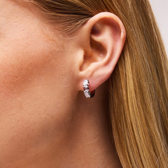 2 CT. T.w. Emerald-Cut Certified Lab-Grown Diamond Three Stone Hoop Earrings in 14K White Gold (F/Vs2)