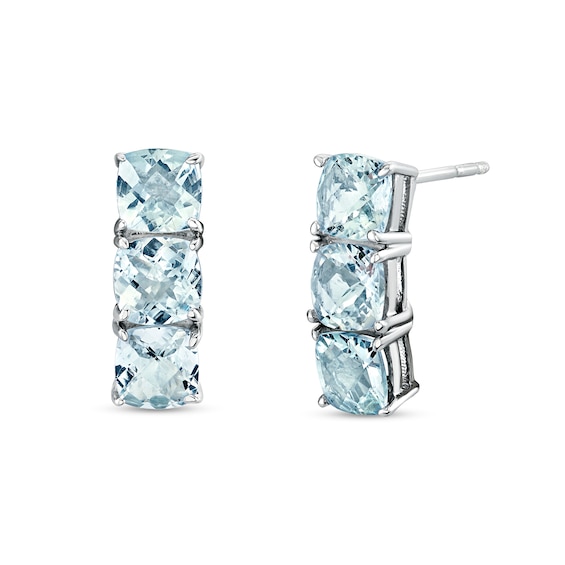 5.0mm Cushion-Cut Aquamarine Trio Drop Earrings in Sterling Silver