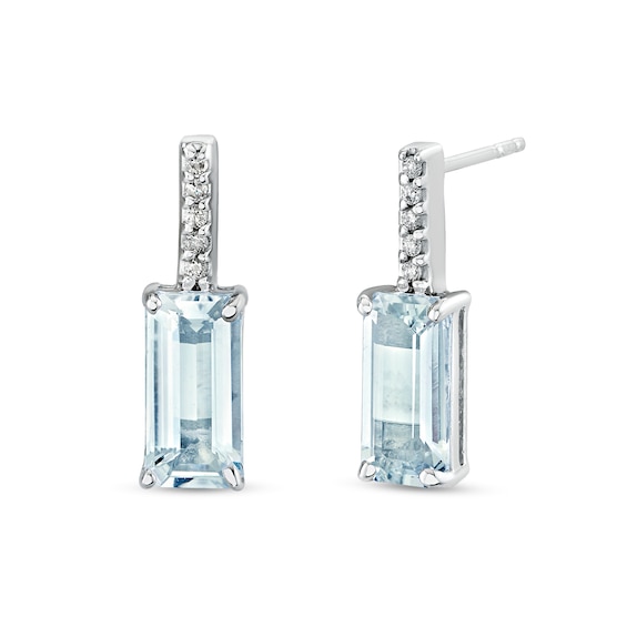 Emerald-Cut Aquamarine and 1/15 CT. T.w. Diamond Drop Earrings in Sterling Silver