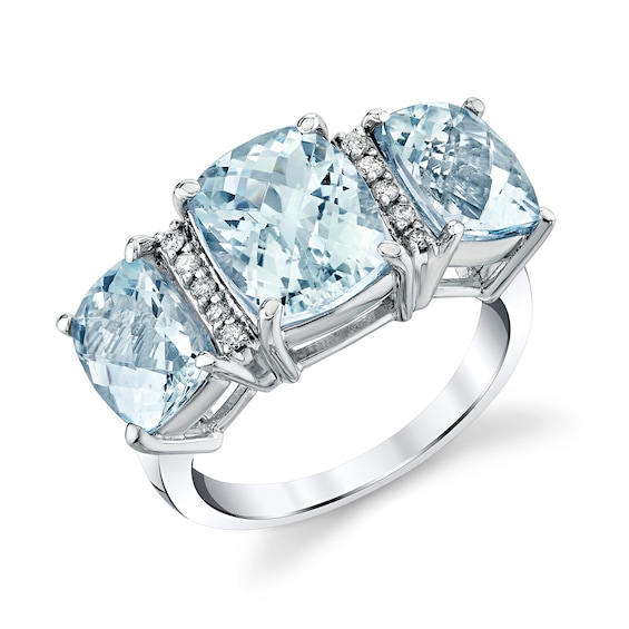 Cushion-Cut Aquamarine and 1/10 CT. T.w. Diamond Three Stone Ring in Sterling Silver