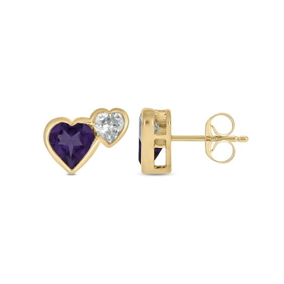 Heart-Shaped Amethyst and White Lab-Created Sapphire Stud Earrings in Sterling Silver with 14K Gold Plate
