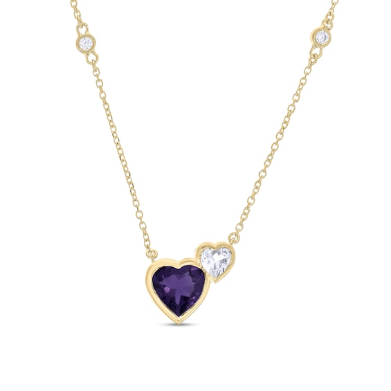 Heart-Shaped Amethyst and White Lab-Created Sapphire with Diamond Necklace in Sterling Silver with 14K Gold Plate