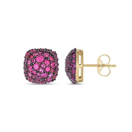 Lab-Created Ruby Domed Cushion Stud Earrings in Sterling Silver with 14K Gold Plate