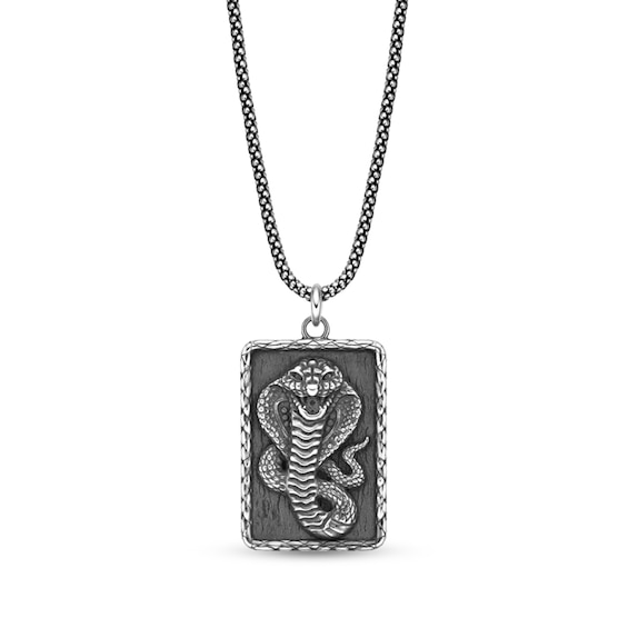 Oxidized Cobra Dog Tag Pendant in Sterling Silver - 24"