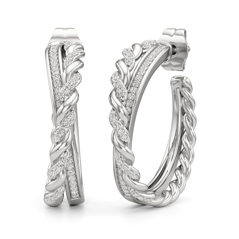 Main Image 1 of 1/4 CT. T.W. Diamond Braid Crossover Open Hoop Earrings in Sterling Silver