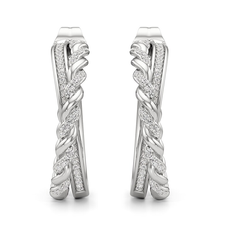 Main Image 2 of 1/4 CT. T.W. Diamond Braid Crossover Open Hoop Earrings in Sterling Silver
