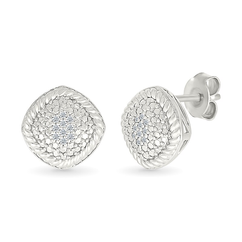 Main Image 1 of 1/20 CT. T.W. Diamond Rope-Textured Frame Tilted Cushion Stud Earrings in Sterling Silver