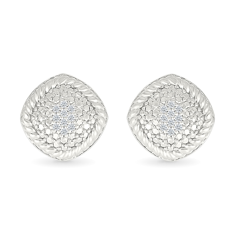 Main Image 4 of 1/20 CT. T.W. Diamond Rope-Textured Frame Tilted Cushion Stud Earrings in Sterling Silver