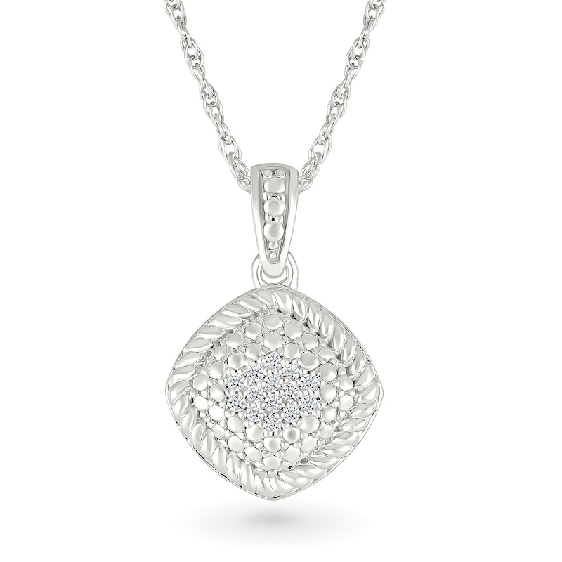 Main Image 1 of 1/20 CT. T.W. Diamond Rope-Textured Frame Tilted Cushion Pendant in Sterling Silver