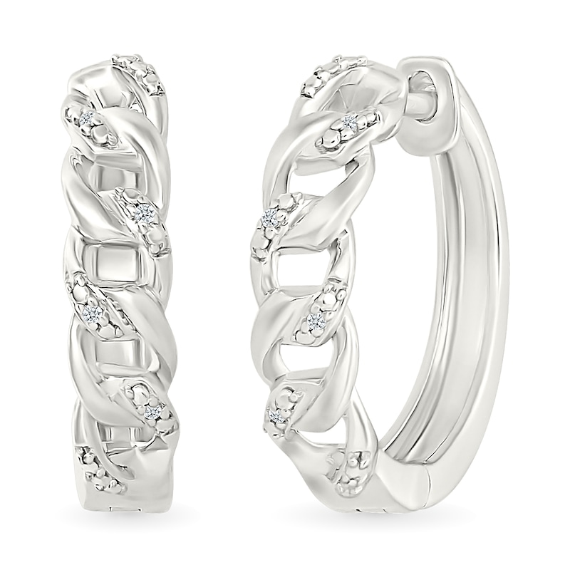 Main Image 1 of Diamond Accent Cuban Chain Link Hoop Earrings in Sterling Silver