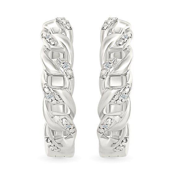 Diamond Accent Cuban Chain Link Hoop Earrings in Sterling Silver