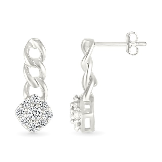 1/5 CT. T.w. Cushion-Shaped Multi-Diamond Cuban Chain Link Drop Earrings in Sterling Silver