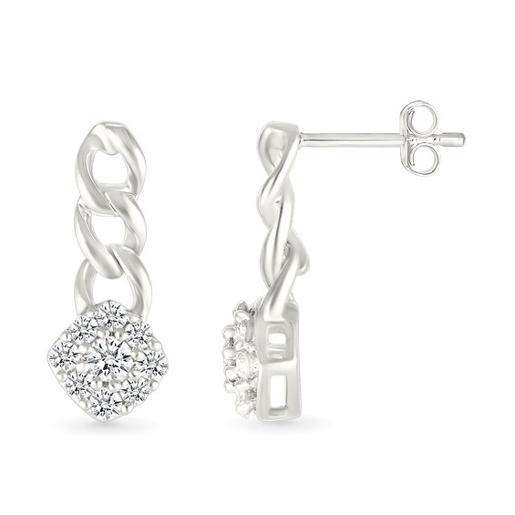 1/5 CT. T.w. Cushion-Shaped Multi-Diamond Cuban Chain Link Drop Earrings in Sterling Silver