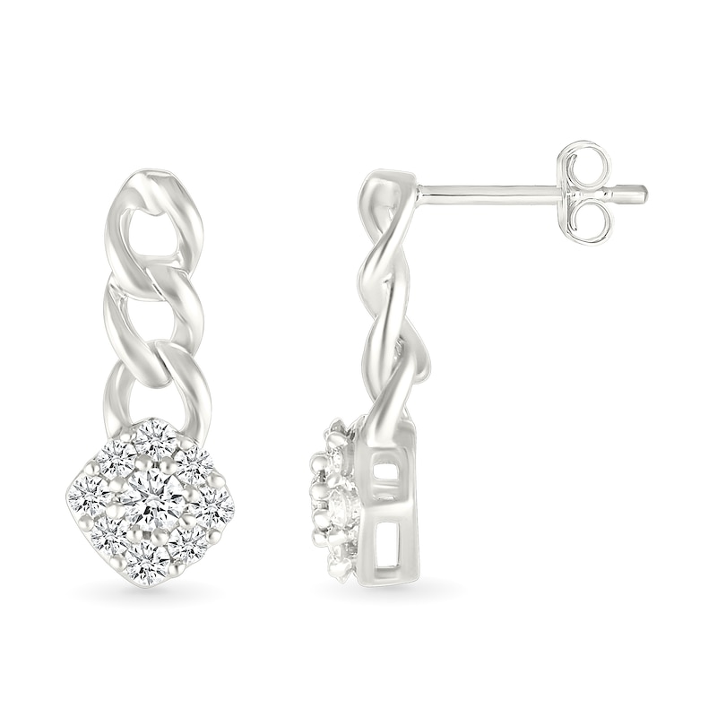 Main Image 3 of 1/5 CT. T.W. Cushion-Shaped Multi-Diamond Cuban Chain Link Drop Earrings in Sterling Silver