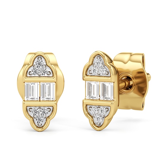 1/10 CT. T.w. Baguette and Round Diamond Tri-Sides Stud Earrings in 10K Gold