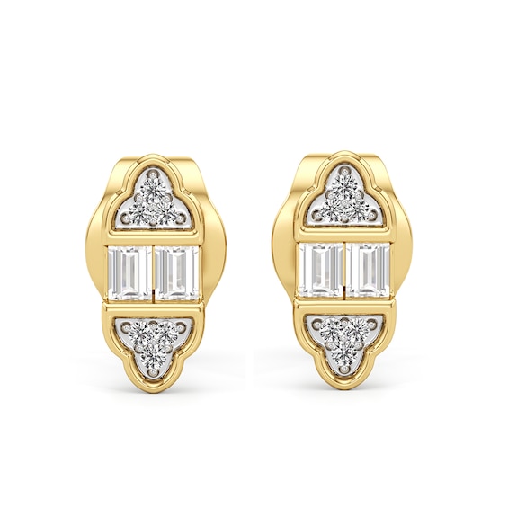 1/10 CT. T.w. Baguette and Round Diamond Tri-Sides Stud Earrings in 10K Gold