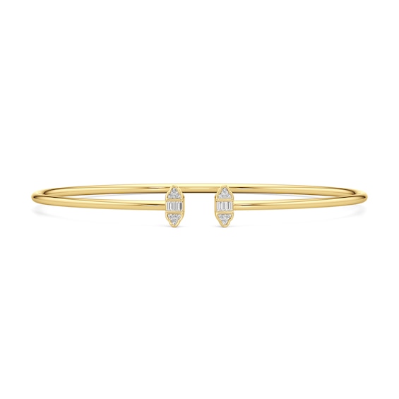 1/10 CT. T.w. Baguette and Round Diamond Tri-Sides Open Bangle in Hollow 10K Gold - 7.25"