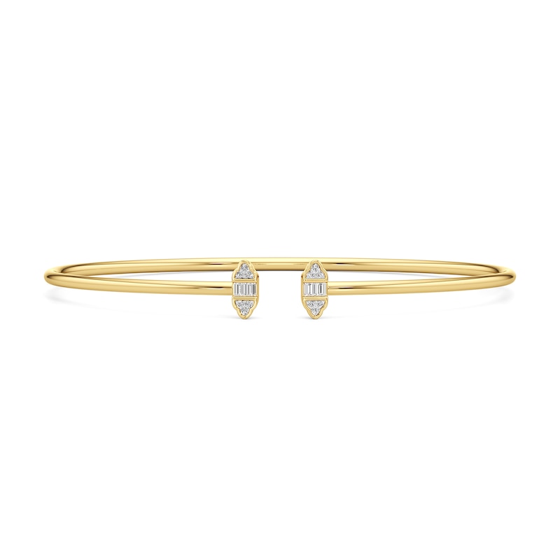 Main Image 1 of 1/10 CT. T.W. Baguette and Round Diamond Tri-Sides Open Bangle in Hollow 10K Gold - 7.25"