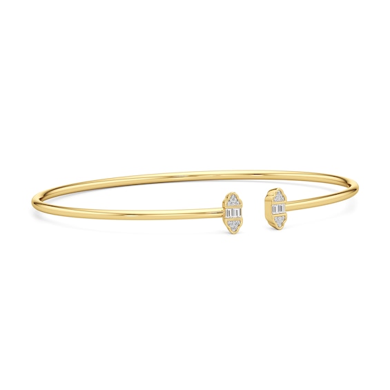1/10 CT. T.w. Baguette and Round Diamond Tri-Sides Open Bangle in Hollow 10K Gold - 7.25"