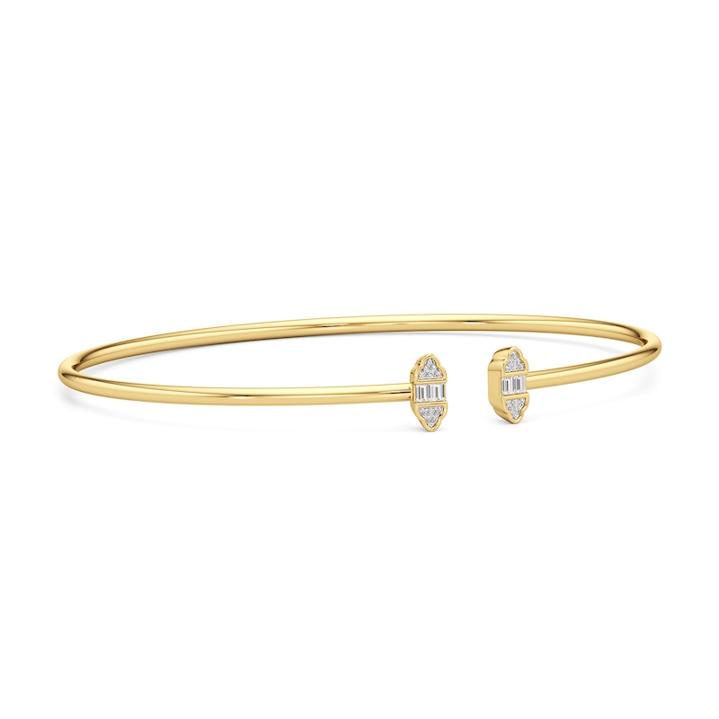 Main Image 2 of 1/10 CT. T.W. Baguette and Round Diamond Tri-Sides Open Bangle in Hollow 10K Gold - 7.25"