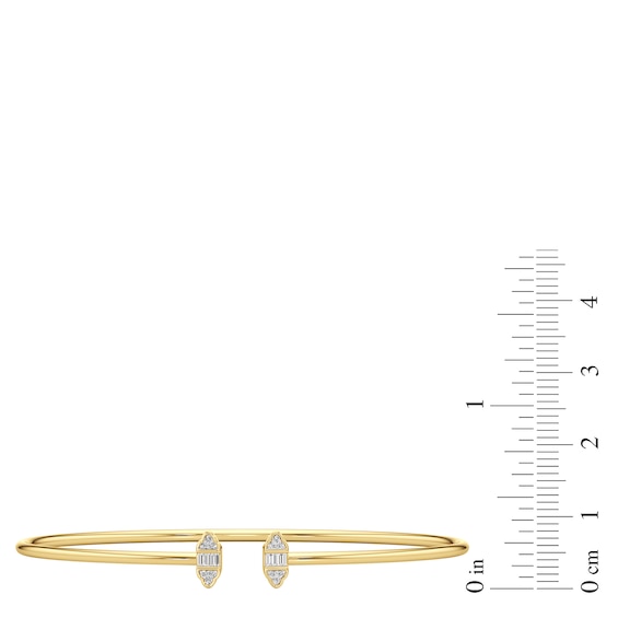 1/10 CT. T.w. Baguette and Round Diamond Tri-Sides Open Bangle in Hollow 10K Gold - 7.25"