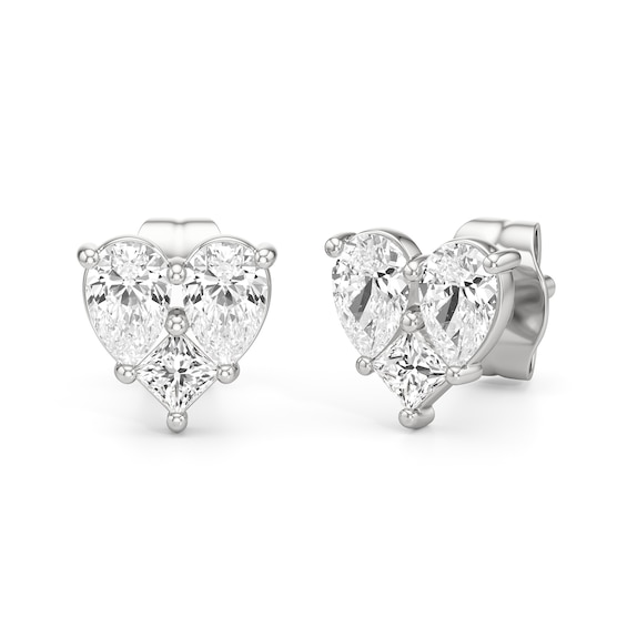 1 CT. T.w. Pear-Shaped and Princess-Cut Lab-Grown Multi-Diamond Heart Stud Earrings in 14K White Gold