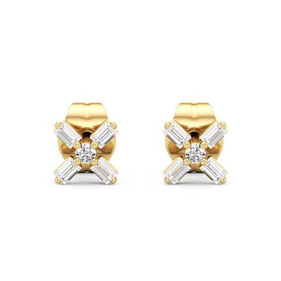 1/10 CT. T.w. Baguette and Round Diamond "X" Stud Earrings in 10K Gold