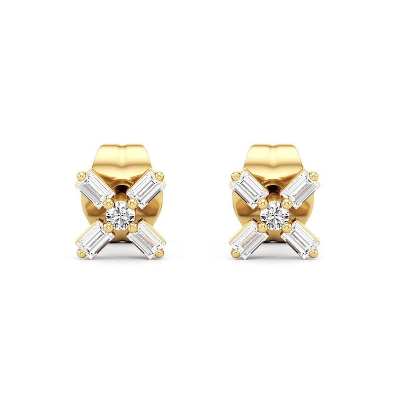 Main Image 1 of 1/10 CT. T.W. Baguette and Round Diamond "X" Stud Earrings in 10K Gold
