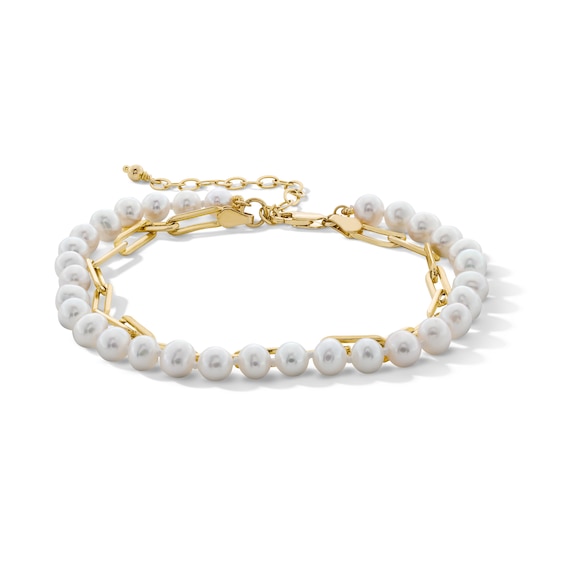 5.0-6.0mm Oval Freshwater Cultured Pearl and Paper Clip Chain Double Strand Bracelet in 10K Gold - 7.5"