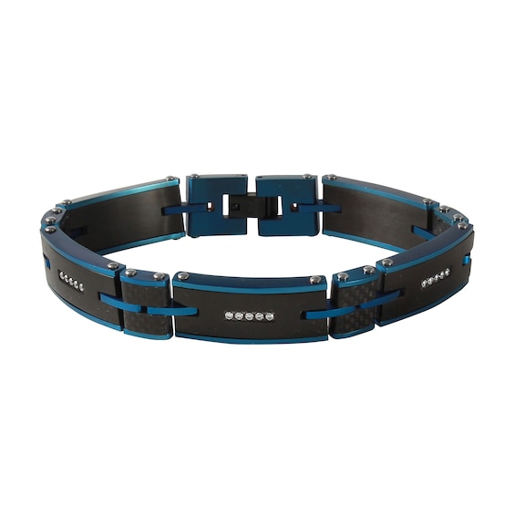 Diamond Accent Carbon Fiber Link Bracelet in Stainless Steel with Black and Blue Ion Plate - 8.5"