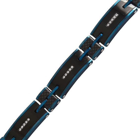 Diamond Accent Carbon Fiber Link Bracelet in Stainless Steel with Black and Blue Ion Plate - 8.5"