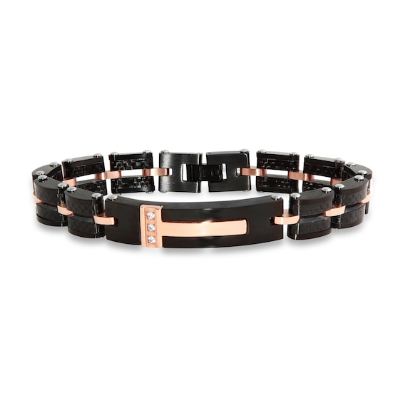 1/20 CT. T.w. Diamond Carbon Fiber Link Bracelet in Stainless Steel with Black and Rose Ion Plate - 8.5"