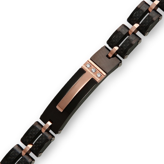 1/20 CT. T.w. Diamond Carbon Fiber Link Bracelet in Stainless Steel with Black and Rose Ion Plate - 8.5"