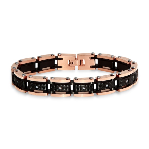 1/6 CT. T.w. Diamond and Carbon Fiber Link Bracelet in Stainless Steel with Black and Rose Ion Plate - 8.5"
