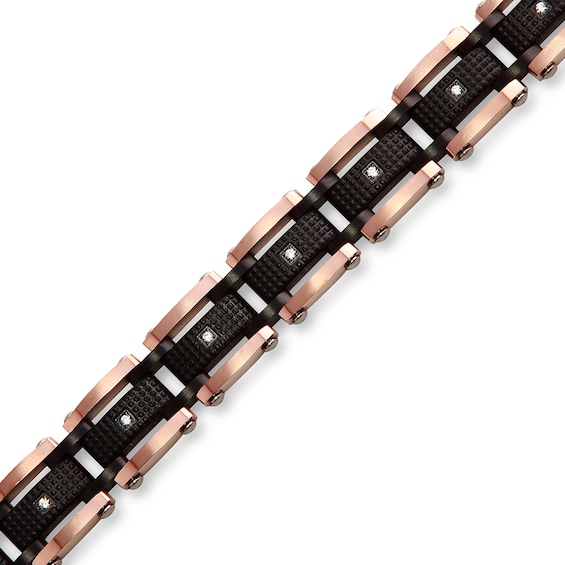 1/6 CT. T.w. Diamond and Carbon Fiber Link Bracelet in Stainless Steel with Black and Rose Ion Plate - 8.5"