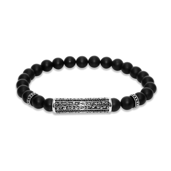 8.0mm Black Lava Bead and 1/5 CT. T.w. Black Diamond Stretch Bracelet in Stainless Steel - 8.5"