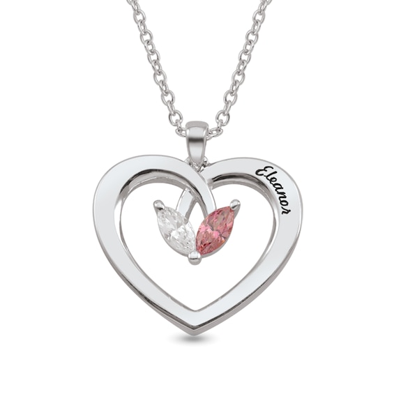 1/8 CT. Marquise-Cut Lab-Grown Diamond and Birthstone Engravable Heart Pendant (1 Stone and Line)