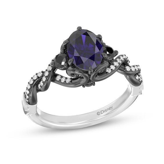 Enchanted Disney Villains Ursula Oval Amethyst with Black and White Diamond Twist Engagement Ring in 14K White Gold