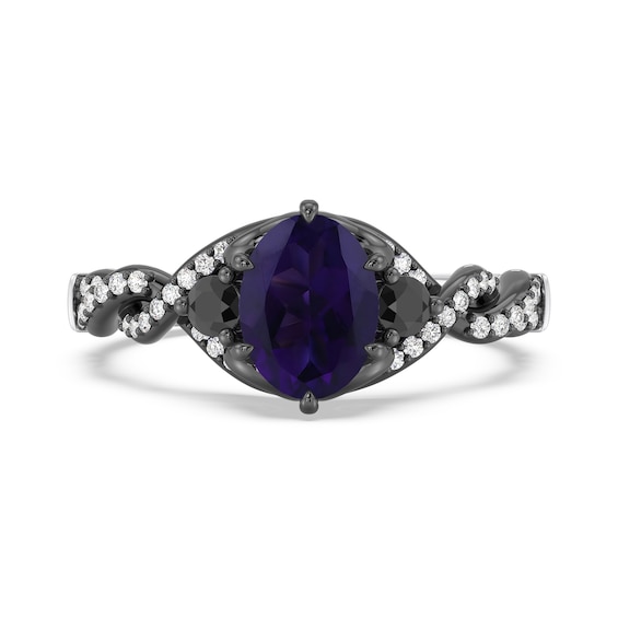 Enchanted Disney Villains Ursula Oval Amethyst with Black and White Diamond Twist Engagement Ring in 14K White Gold