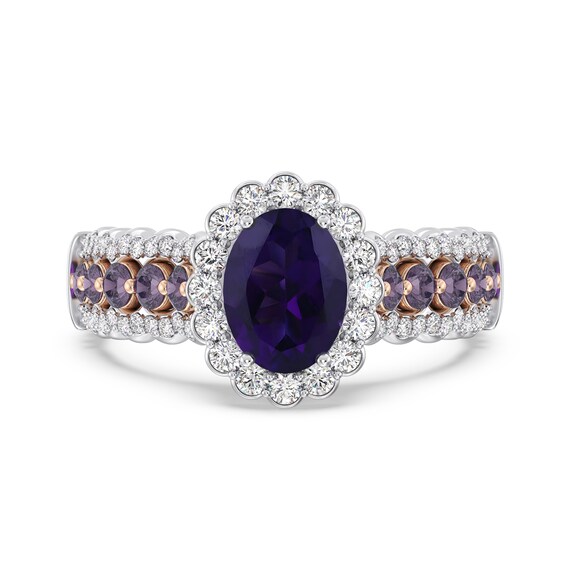 Enchanted Disney Ariel Oval Amethyst and 1/2 CT. T.w. Diamond Scallop Frame Engagement Ring in 14K Two-Tone Gold